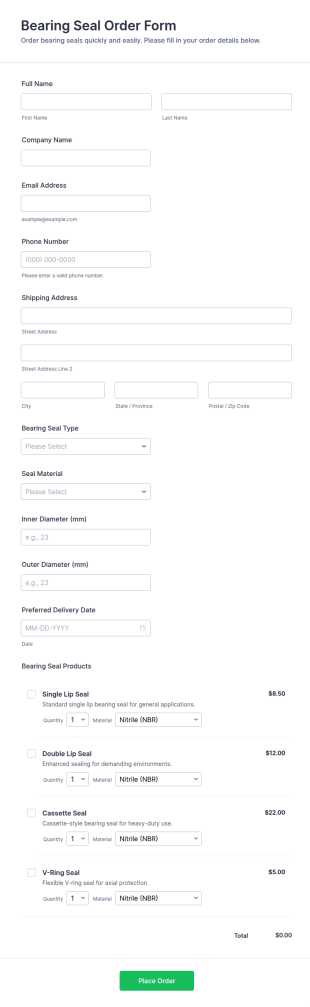 Bearing Seal Order Form Template