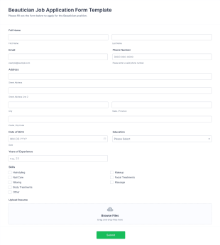 Beautician Job Application Form Template