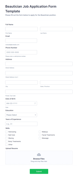 Beautician Job Application Form Template