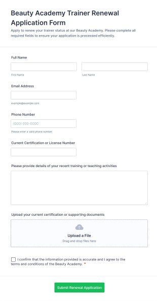 Beauty Academy Trainer Renewal Application Form Template