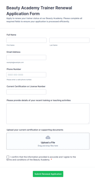 Beauty Academy Trainer Renewal Application Form Template