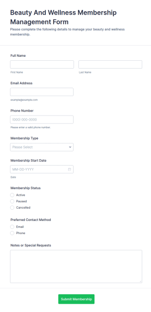 Beauty And Wellness Membership Management Form Template