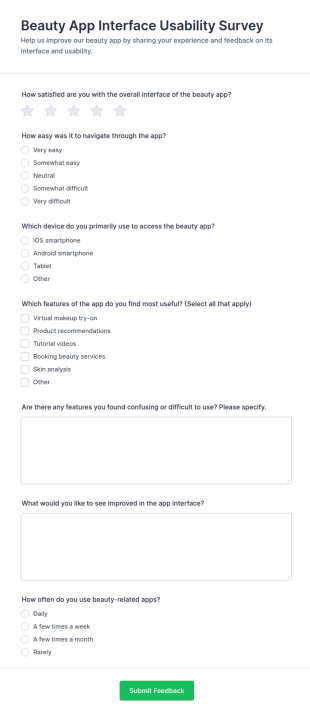 Beauty App Interface Usability Survey Form Template