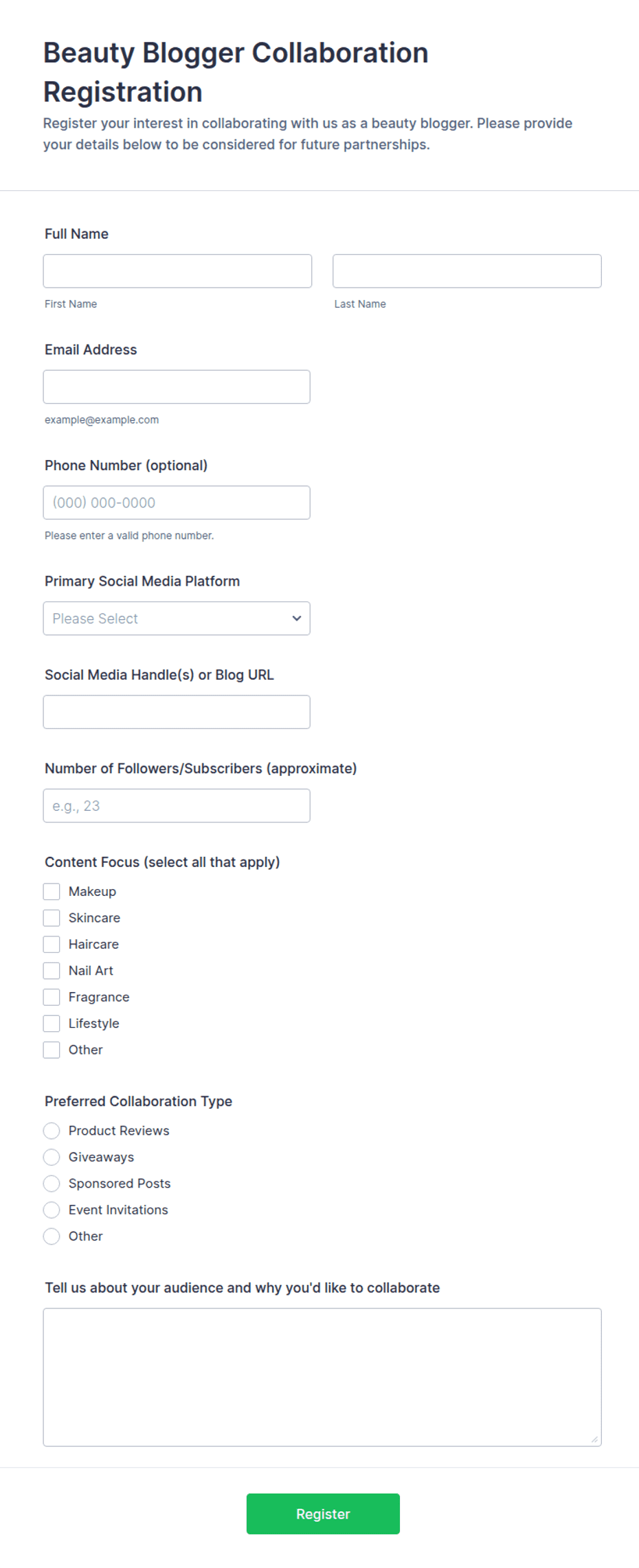 Beautify Register Form Beauty Blogger Collaboration Registration Form Template | Jotform