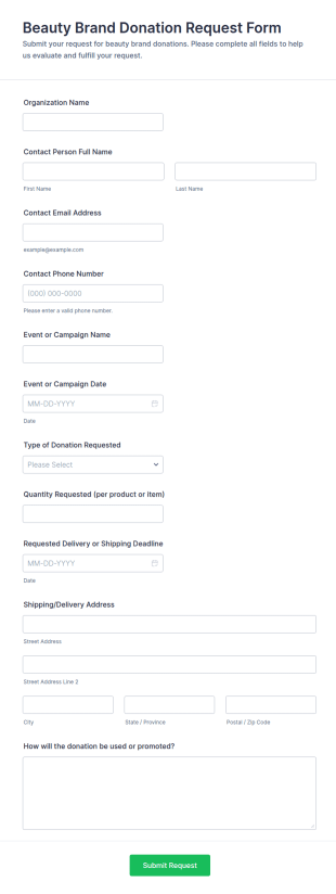 Beauty Brand Donation Request Form Template