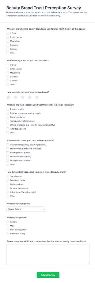 Beauty Brand Trust Perception Survey Form Template