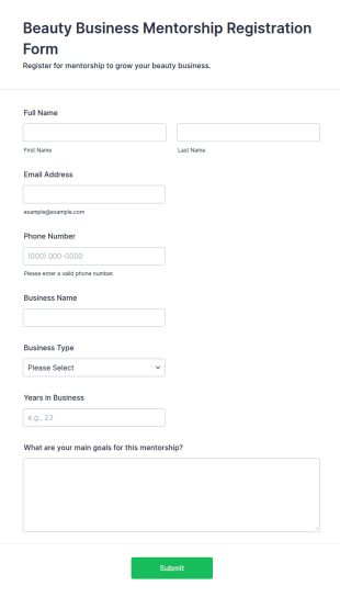Beauty Business Mentorship Registration Form Template