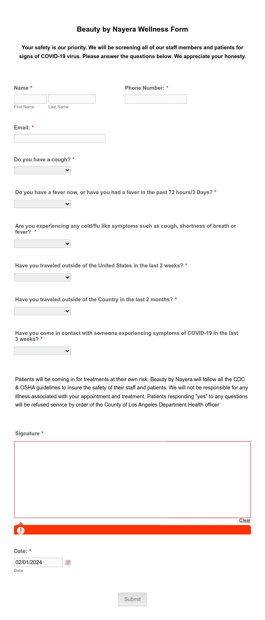 Beauty by Nayera COVD19 Wellness Form Template Jotform