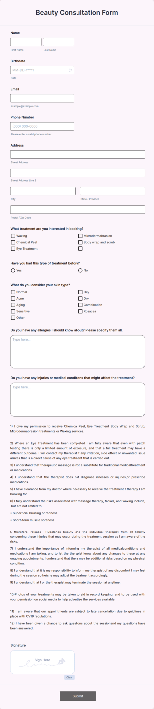 Beauty Consultation Form Template