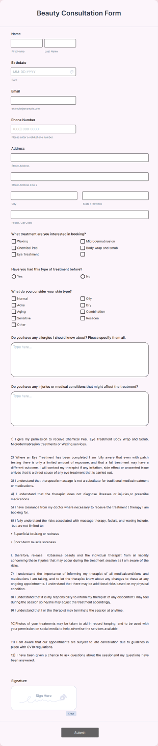 Beauty Consultation Form Template
