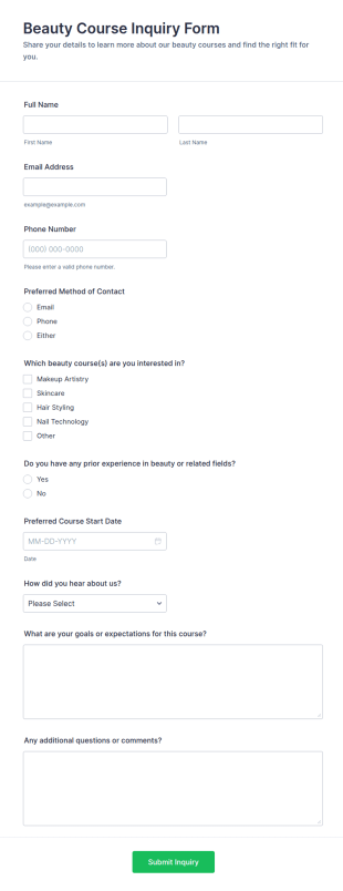 Beauty Course Inquiry Form Template
