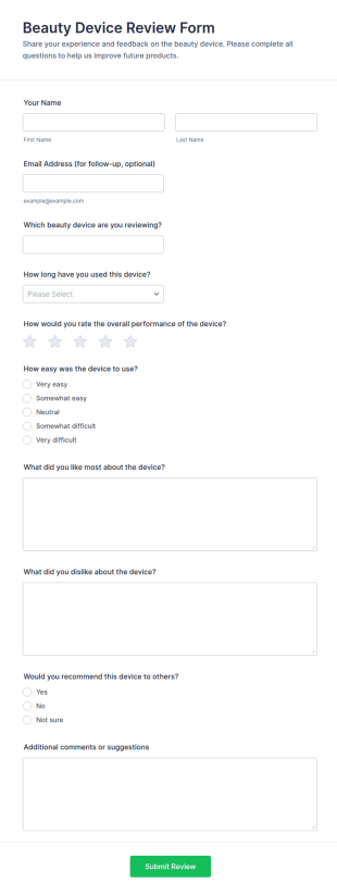 Beauty Device Review Form Template