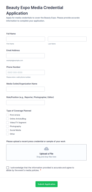 Beauty Expo Media Credential Application Form Template