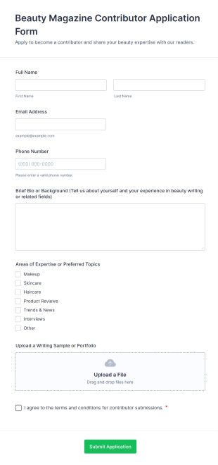 Beauty Magazine Contributor Application Form Template