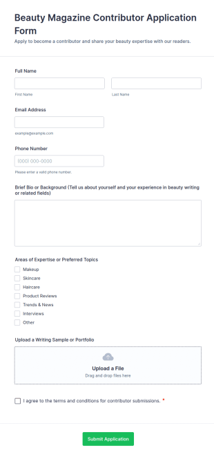 Beauty Magazine Contributor Application Form Template