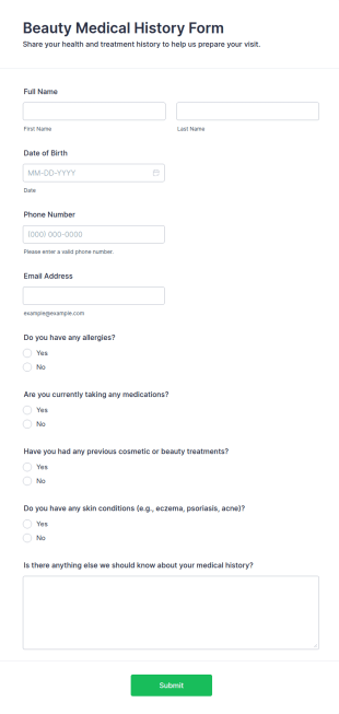 Beauty Medical History Form Template