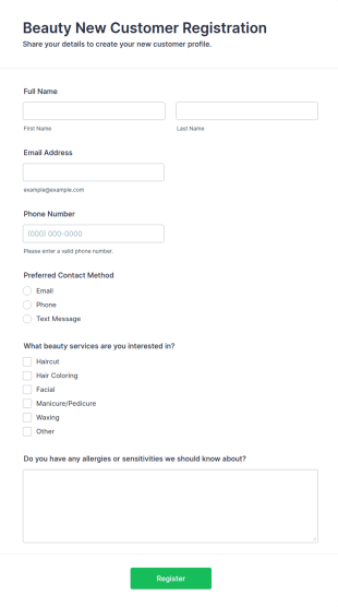 Beauty New Customer Registration Form Template
