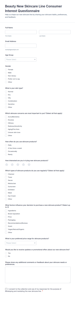 Beauty New Skincare Line Consumer Interest Questionnaire Form Template