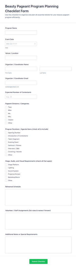 Beauty Pageant Program Planning Checklist Form Template