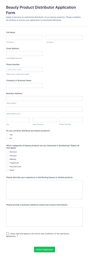 Beauty Product Distributor Application Form Form Template