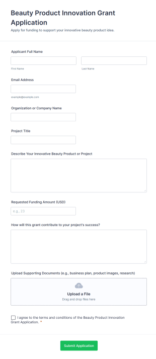 Beauty Product Innovation Grant Application Form Template