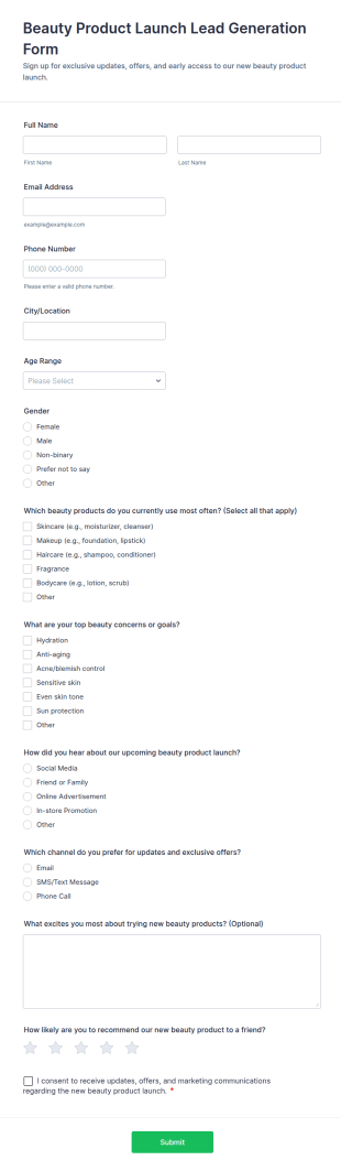 Beauty Product Launch Lead Generation Form Template