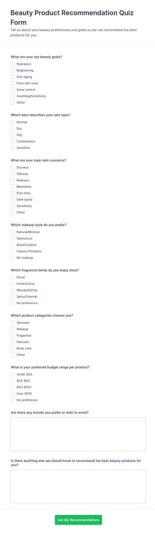 Beauty Product Recommendation Quiz Form Template