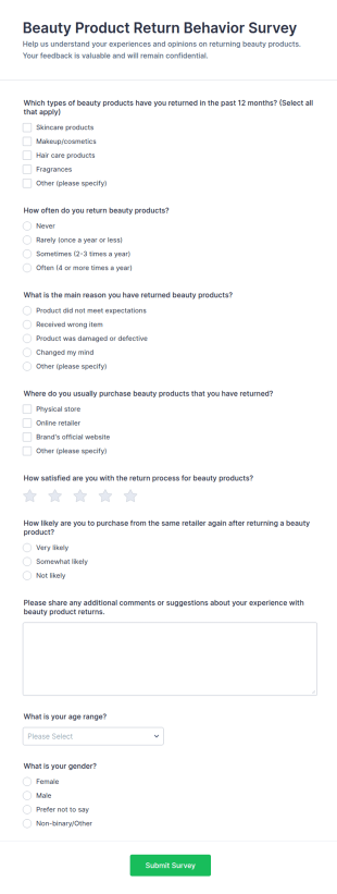 Beauty Product Return Behavior Survey Form Template