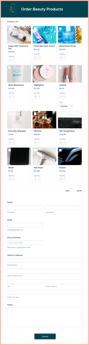 Beauty Products Order Form Template