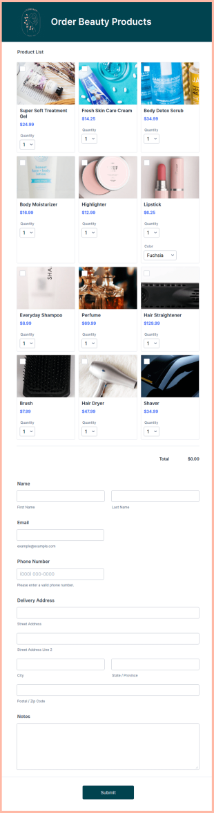Beauty Products Order Form Template