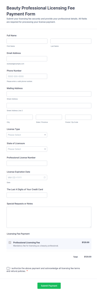 Beauty Professional Licensing Fee Payment Form Template