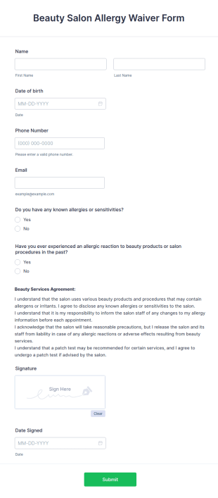 Beauty Salon Allergy Waiver Form Template