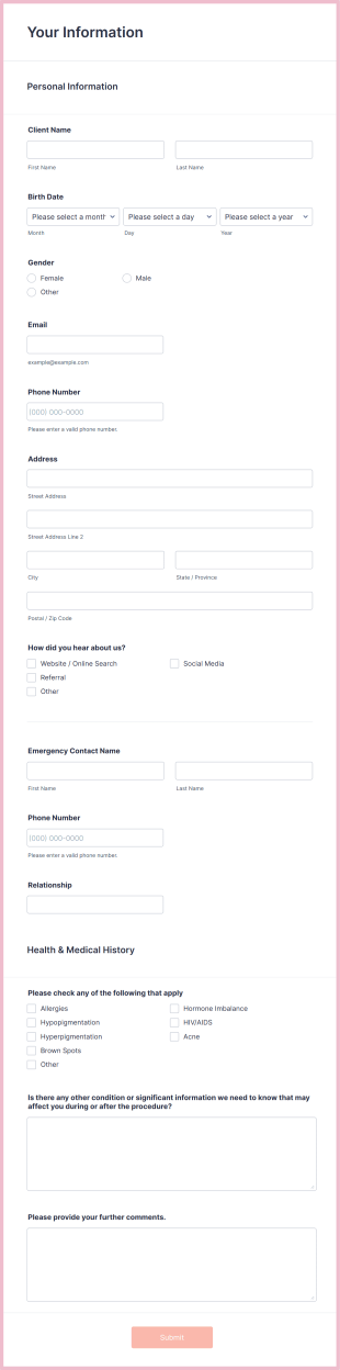 Beauty Salon Client Intake Form Template