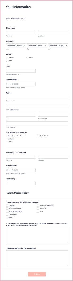 Beauty Salon Client Intake Form Template