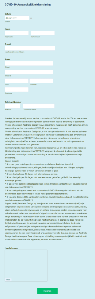 Beauty Salon COVID 19 Aansprakelijkheidsverklaring