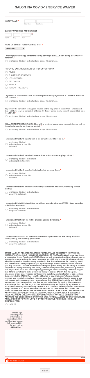 Beauty Salon COVID 19 Liability Waiver Form Template