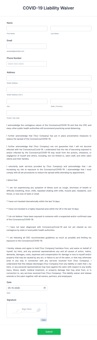 Beauty Salon COVID 19 Liability Waiver Form Template