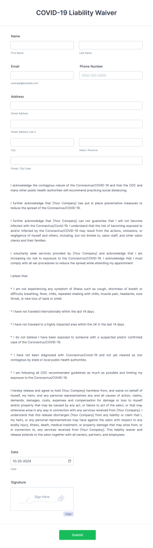 Beauty Salon COVID 19 Liability Waiver Form Template