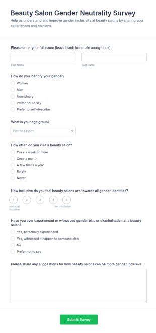 Beauty Salon Gender Neutrality Survey Form Template