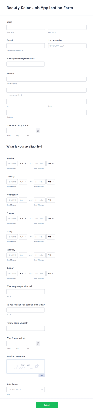 Beauty Salon Job Application Form Template