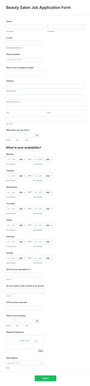 Beauty Salon Job Application Form Template