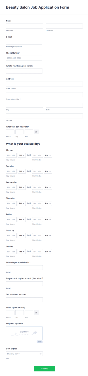 Beauty Salon Job Application Form Template