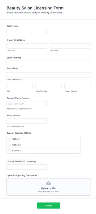 Beauty Salon Licensing Form Form Template