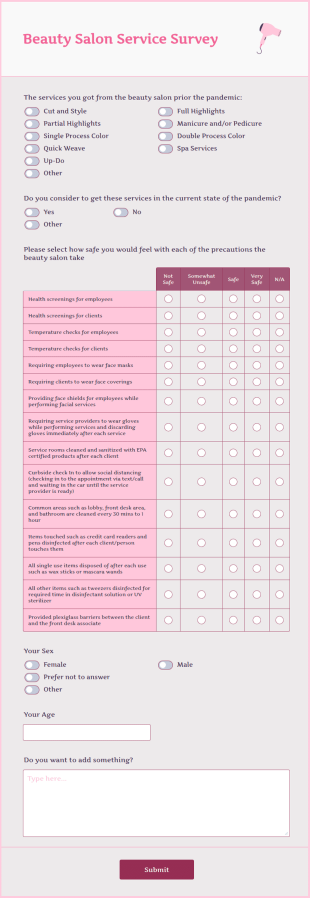 Beauty Salon Service Survey Form Template