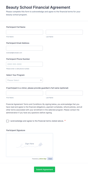 Beauty School Financial Agreement Form Template
