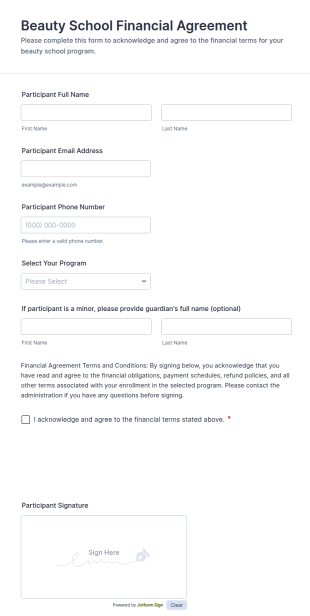 Beauty School Financial Agreement Form Template