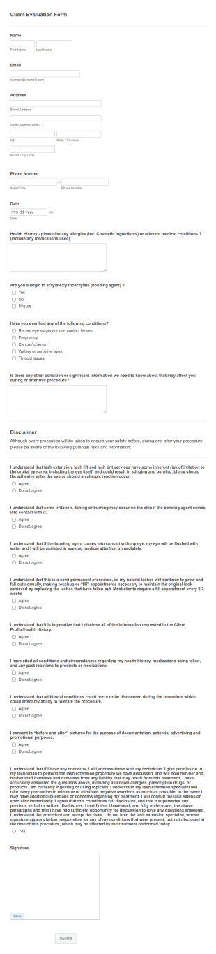 Beauty Service Client Application Form Template
