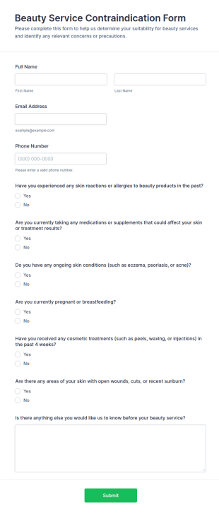 Beauty Service Contraindication Form Template