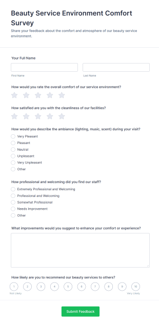 Beauty Service Environment Comfort Survey Form Template
