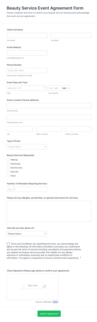 Beauty Service Event Agreement Form Template